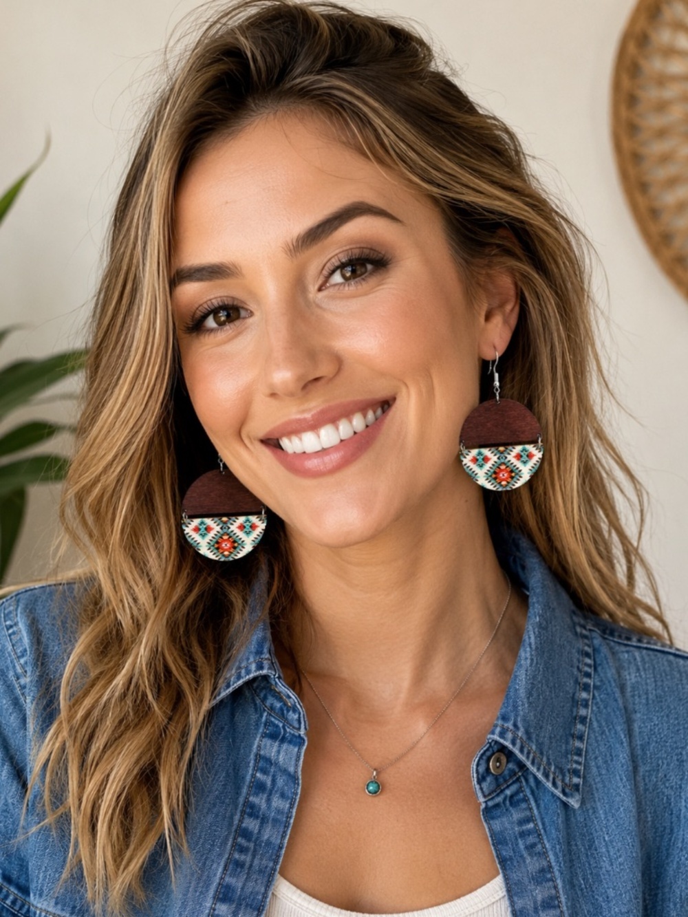 Southwestern Boho Round Wooden Earrings β Lightweight Statement Pair
